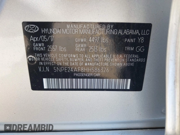 2017 Hyundai Sonata 2.4L with VIN 5NPE24AF8HH586326, listed as a IAAI auction lot 41811836 with 109,860 mi miles and . Bid and sale history available at carsss.com. Image 9.