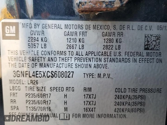 2012 Chevrolet Captiva Sport LTZ with VIN 3GNFL4E5XCS608027, listed as a Copart auction lot 53861205 with 122,580 mi miles and Salvage Title. Bid and sale history available at carsss.com. Image 13.