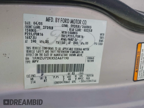 2005 Ford Explorer XLS с VIN 1FMZU72KX5ZA67190, выставлен на аукционе IAAI как лот 42522211 с пробегом 161 279 миль миль и . История ставок и продаж доступна на DreamBid. Изображение 9.