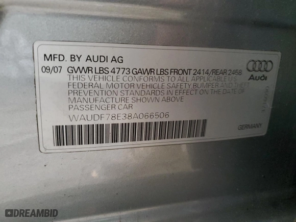 2008 Audi A4 2.0T with VIN WAUDF78E38A066506, listed as a Copart auction lot 46342365 with 185,002 mi miles and Salvage Title. Bid and sale history available at carsss.com. Image 12.