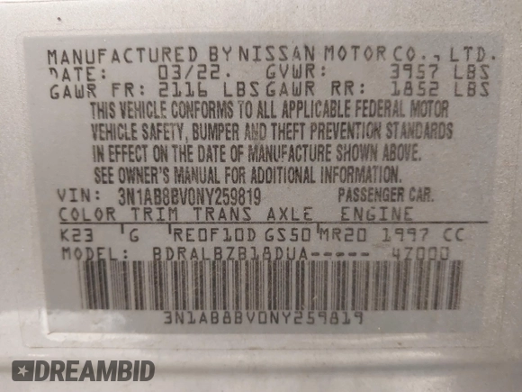 2022 Nissan Sentra S with VIN 3N1AB8BV0NY259819, listed as a IAAI auction lot 41645262 with 55,011 mi miles. Bid and sale history available at carsss.com. Image 9.