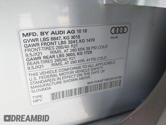 2019 Audi Q7 Prestige with VIN WA1VAAF73KD015756, listed as a IAAI auction lot 41868717 with 49,227 mi miles. Bid and sale history available at carsss.com. Image 9.