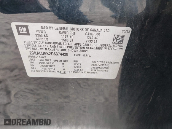 2013 GMC Terrain SLT with VIN 2GKALUEK2D6374429, listed as a IAAI auction lot 42127508 with 157,556 mi miles and . Bid and sale history available at carsss.com. Image 9.