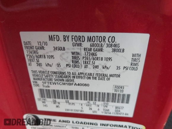 2011 Ford F-150 XL with VIN 1FTEW1CM1BFA40080, listed as a IAAI auction lot 41839082 with 286,626 mi miles and . Bid and sale history available at DreamBid. Image 9.