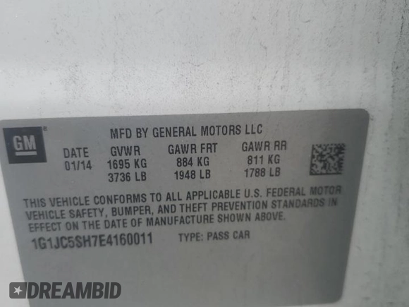 2014 Chevrolet Sonic LT z VIN 1G1JC5SH7E4160011, wystawiony jako Copart lot #57532945 z przebiegiem 136 185 mil mil oraz Szkoda całkowita • Salvage title. Historia ofert i sprzedaży dostępna na DreamBid. Obrazek 12.
