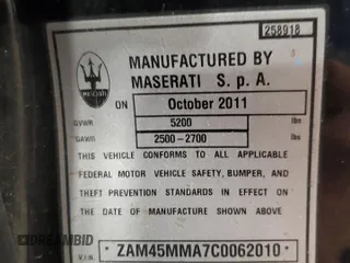 2012 Maserati GranTurismo Sport z VIN ZAM45MMA7C0062010, wystawiony jako Copart lot #59426994 z przebiegiem 49 936 mil mil oraz Szkoda całkowita • Salvage title. Historia ofert i sprzedaży dostępna na DreamBid. Obrazek 12.