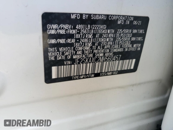 2021 Subaru Forester Touring with VIN JF2SKAXC2MH560457, listed as a Copart auction lot 45674275 with 95,582 mi miles and Salvage Title. Bid and sale history available at carsss.com. Image 15.