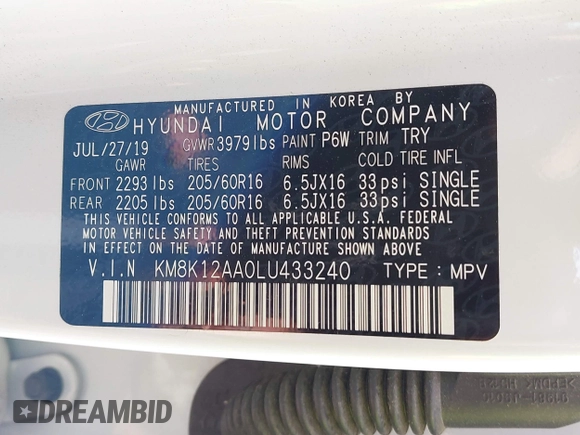 2020 Hyundai Kona SE with VIN KM8K12AA0LU433240, listed as a IAAI auction lot 41944156 with 31,375 mi miles. Bid and sale history available at carsss.com. Image 9.