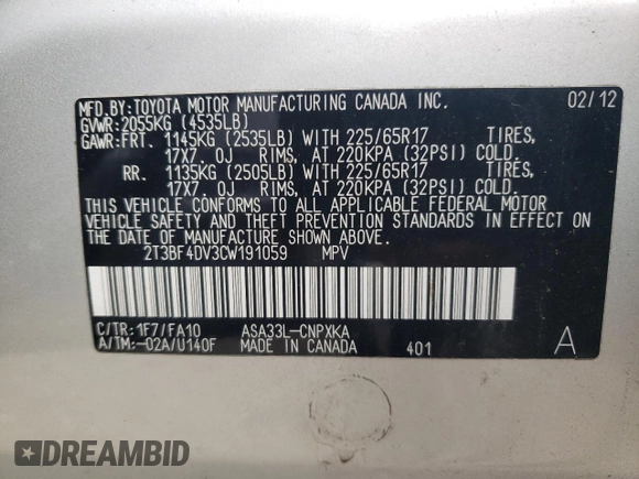 2012 Toyota RAV4 with VIN 2T3BF4DV3CW191059, listed as a Copart auction lot 61470885 with Not provided miles and Clean title. Bid and sale history available at DreamBid. Image 14.