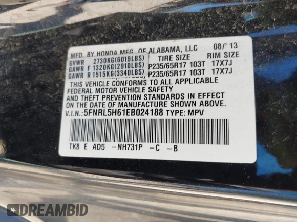 2014 Honda Odyssey EX-L with VIN 5FNRL5H61EB024188, listed as a IAAI auction lot 42238505 with 180,163 mi miles and . Bid and sale history available at DreamBid. Image 9.