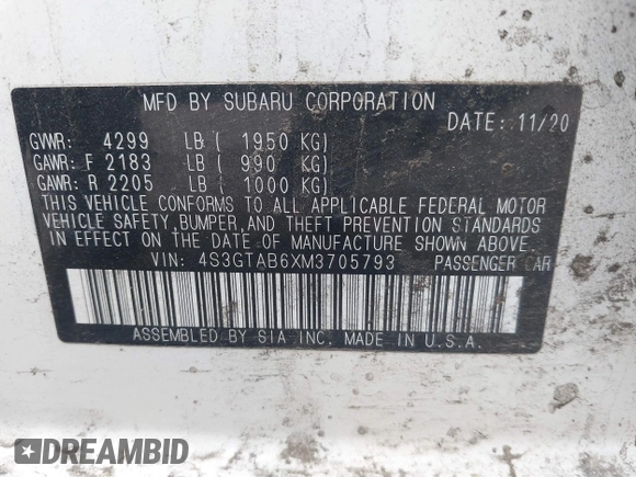 2021 Subaru Impreza with VIN 4S3GTAB6XM3705793, listed as a IAAI auction lot 41895201 with 77,254 mi miles and . Bid and sale history available at DreamBid. Image 9.