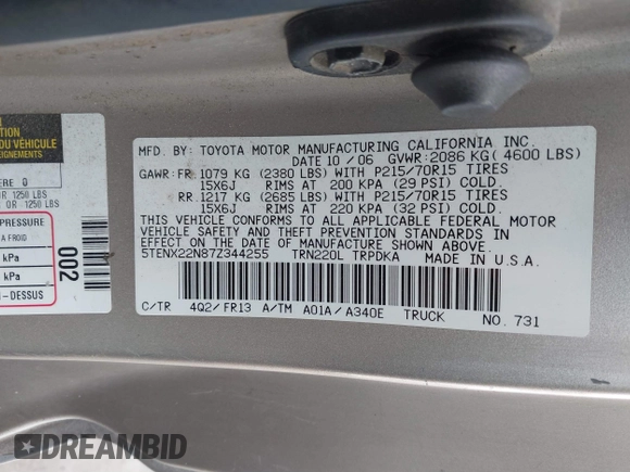 2007 Toyota Tacoma with VIN 5TENX22N87Z344255, listed as a IAAI auction lot 41083339 with 229,956 mi miles. Bid and sale history available at carsss.com. Image 9.
