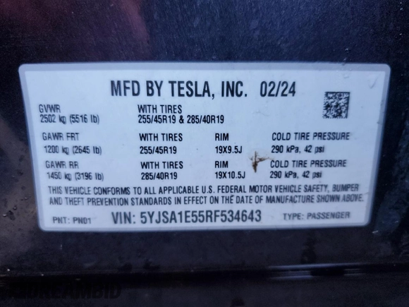 2024 Tesla Model S with VIN 5YJSA1E55RF534643, listed as a Copart auction lot 46422475 with Not provided miles and Salvage title. Bid and sale history available at DreamBid. Image 13.