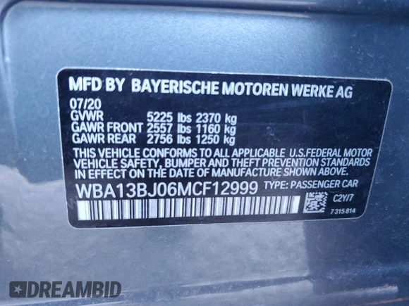 2021 BMW 5 Series 530i xDrive with VIN WBA13BJ06MCF12999, listed as a Copart auction lot 43918855 with 26,587 mi miles and Salvage Title. Bid and sale history available at carsss.com. Image 13.
