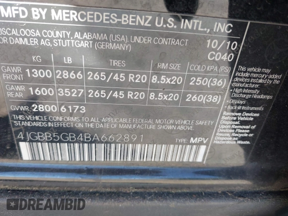 2011 Mercedes-Benz M 350 z VIN 4JGBB5GB4BA662891, wystawiony jako IAAI lot #42084059 z przebiegiem 176 416 mil mil oraz . Historia ofert i sprzedaży dostępna na DreamBid. Obrazek 9.