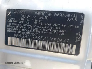 1999 BMW 3 Series M3 with VIN WBSBG9333XEY80647, listed as a IAAI auction lot 42216141 with 98,700 mi miles and . Bid and sale history available at carsss.com. Image 9.