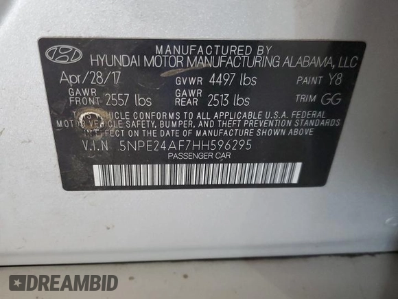 2017 Hyundai Sonata 2.4L with VIN 5NPE24AF7HH596295, listed as a Copart auction lot 51336055 with 109,265 mi miles and Salvage Title. Bid and sale history available at DreamBid. Image 12.