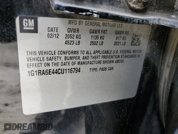 2012 Chevrolet Volt with VIN 1G1RA6E44CU116794, listed as a Copart auction lot 49116705 with 136,015 mi miles and Salvage Title. Bid and sale history available at carsss.com. Image 14.