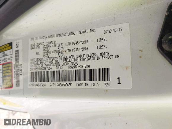 2019 Toyota Tacoma SR with VIN 5TFSX5EN1KX067514, listed as a IAAI auction lot 42264001 with 179,048 mi miles and . Bid and sale history available at DreamBid. Image 9.