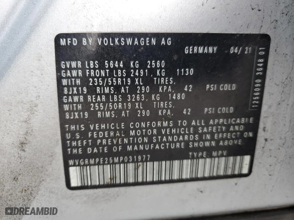 2021 Volkswagen ID.4 Pro with VIN WVGRMPE25MP031977, listed as a Copart auction lot 42192905 with 50,547 mi miles and Non Repairable. Bid and sale history available at carsss.com. Image 13.