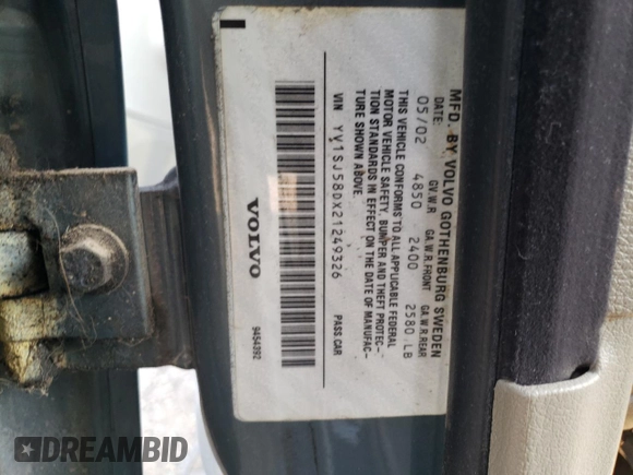 2002 Volvo V70 with VIN YV1SJ58DX21249326, listed as a Copart auction lot 70977624 with 0 mi miles and Salvage Title. Bid and sale history available at carsss.com. Image 15.