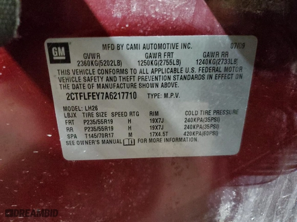 2010 GMC Terrain SLT-1 with VIN 2CTFLFEY7A6217710, listed as a Copart auction lot 43930475 with 253,776 mi miles and Clean Title. Bid and sale history available at carsss.com. Image 13.