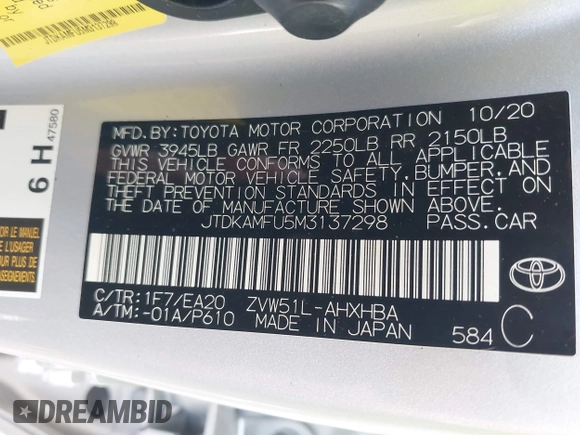 2021 Toyota Prius L Eco z VIN JTDKAMFU5M3137298, wystawiony jako IAAI lot #42270937 z przebiegiem 38 828 mil mil oraz . Historia ofert i sprzedaży dostępna na DreamBid. Obrazek 9.