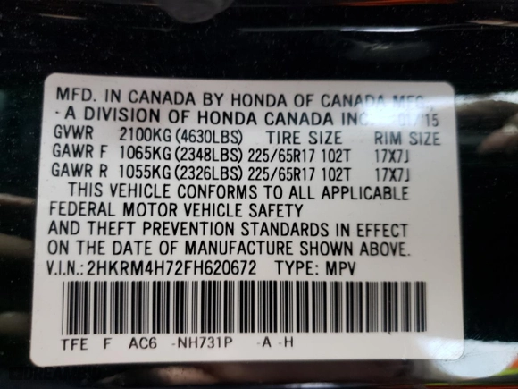 2015 Honda CR-V EX-L with VIN 2HKRM4H72FH620672, listed as a Copart auction lot 50746605 with 102,885 mi miles and Salvage Title. Bid and sale history available at carsss.com. Image 15.