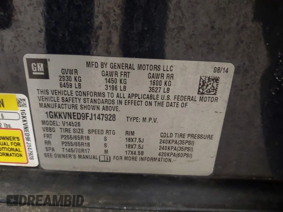 2015 GMC Acadia SLE with VIN 1GKKVNED9FJ147928, listed as a IAAI auction lot 41395770 with 125,551 mi miles and . Bid and sale history available at DreamBid. Image 9.