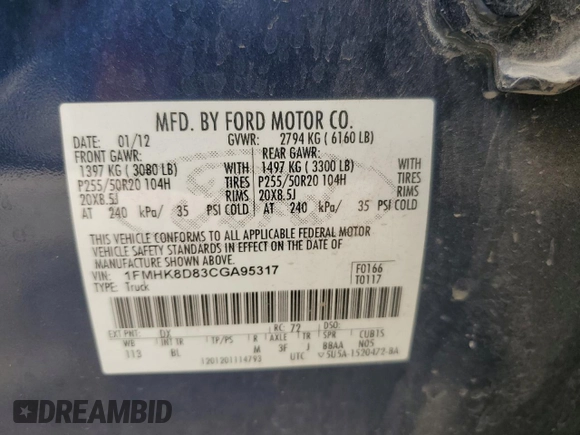 2012 Ford Explorer XLT with VIN 1FMHK8D83CGA95317, listed as a Copart auction lot 60862675 with 151,507 mi miles and Salvage title. Bid and sale history available at DreamBid. Image 14.