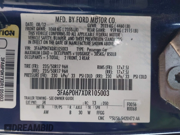 2013 Ford Fusion SE with VIN 3FA6P0H7XDR105003, listed as a IAAI auction lot 42393053 with 166,128 mi miles and . Bid and sale history available at DreamBid. Image 9.