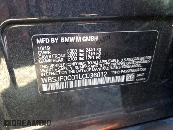 2020 BMW M5 Competition with VIN WBSJF0C01LCD36012, listed as a Copart auction lot 86910424 with 33,912 mi miles and Salvage Title. Bid and sale history available at carsss.com. Image 12.