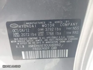 2013 Hyundai Elantra GLS PZEV with VIN KMHDH4AE9DU680860, listed as a IAAI auction lot 41068349 with 74,687 mi miles. Bid and sale history available at carsss.com. Image 9.