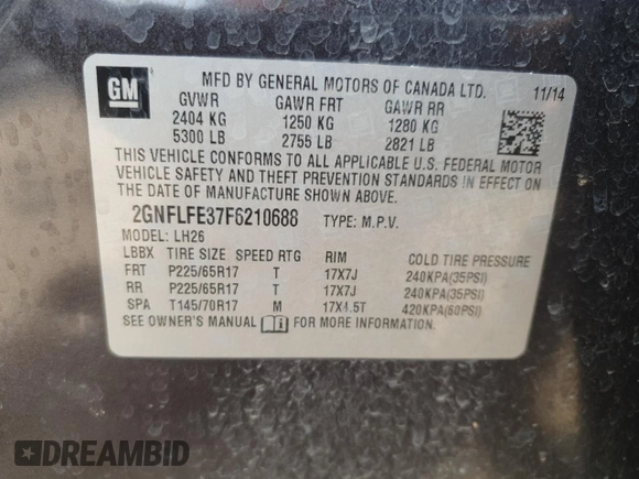 2015 Chevrolet Equinox LT with VIN 2GNFLFE37F6210688, listed as a Copart auction lot 45148575 with 121,431 mi miles and Salvage Title. Bid and sale history available at DreamBid. Image 13.