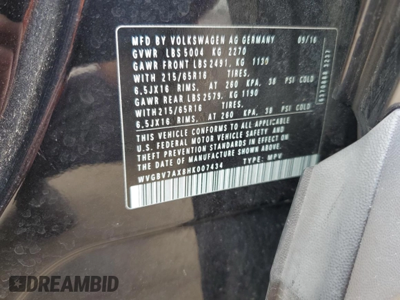 2017 Volkswagen Tiguan S with VIN WVGBV7AX8HK007434, listed as a Copart auction lot 53706165 with 164,588 mi miles and Salvage Title. Bid and sale history available at DreamBid. Image 14.