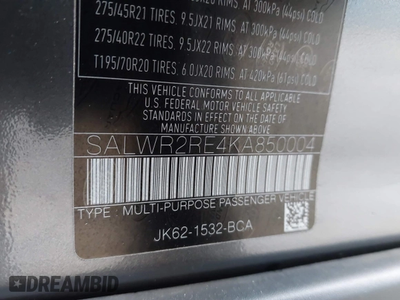 2019 Land Rover Range Rover Sport Dynamic with VIN SALWR2RE4KA850004, listed as a IAAI auction lot 41880360 with 61,953 mi miles. Bid and sale history available at carsss.com. Image 9.