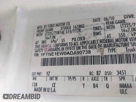 2010 Ford Econoline Cargo Commercial with VIN 1FTNE1EW0ADA90738, listed as a IAAI auction lot 42038940 with 183,195 mi miles and . Bid and sale history available at DreamBid. Image 9.