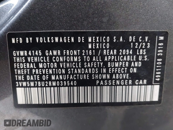 2024 Volkswagen Jetta S with VIN 3VW5M7BU2RM039540, listed as a IAAI auction lot 42422981 with 17,568 mi miles and . Bid and sale history available at DreamBid. Image 9.