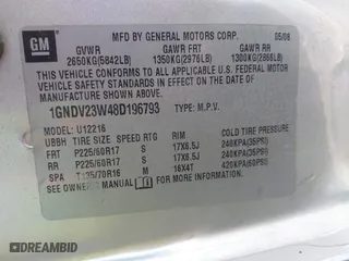 2008 Chevrolet Uplander LS with VIN 1GNDV23W48D196793, listed as a IAAI auction lot 41828528 with 161,169 mi miles. Bid and sale history available at carsss.com. Image 9.