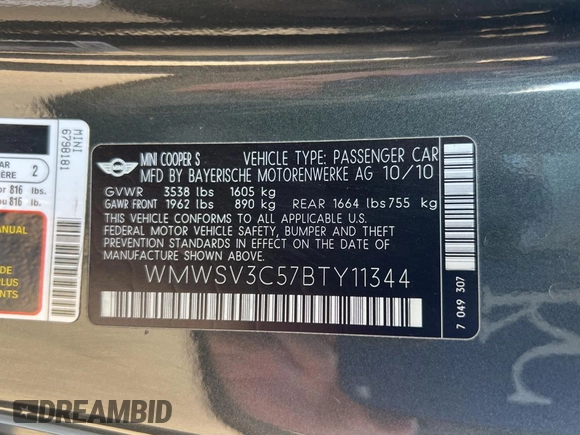 2011 MINI Hardtop S with VIN WMWSV3C57BTY11344, listed as a Copart auction lot 75827444 with 81,874 mi miles and Clean Title. Bid and sale history available at DreamBid. Image 10.