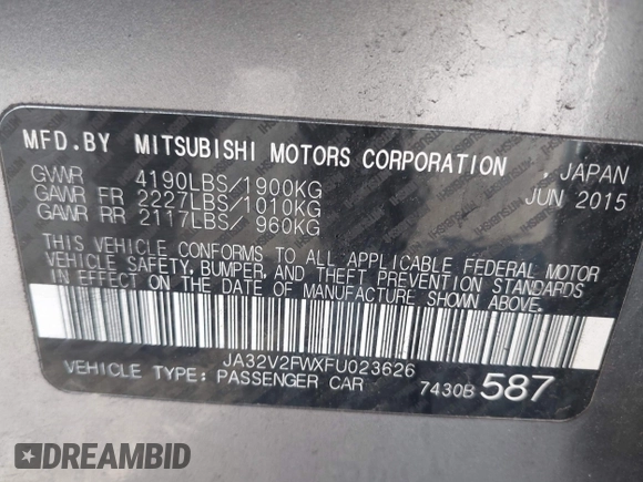 2015 Mitsubishi Lancer SE with VIN JA32V2FWXFU023626, listed as a IAAI auction lot 42012381 with 143,981 mi miles. Bid and sale history available at carsss.com. Image 9.
