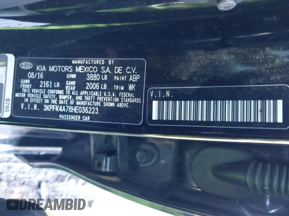 2017 Kia Forte LX with VIN 3KPFK4A78HE036223, listed as a IAAI auction lot 41554426 with 14,438 mi miles. Bid and sale history available at carsss.com. Image 9.