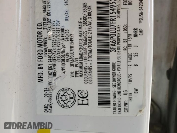2015 Ford Fusion SE Hybrid with VIN 3FA6P0LU7FR154952, listed as a Copart auction lot 54192465 with 490,431 mi miles and Clean Title. Bid and sale history available at carsss.com. Image 12.