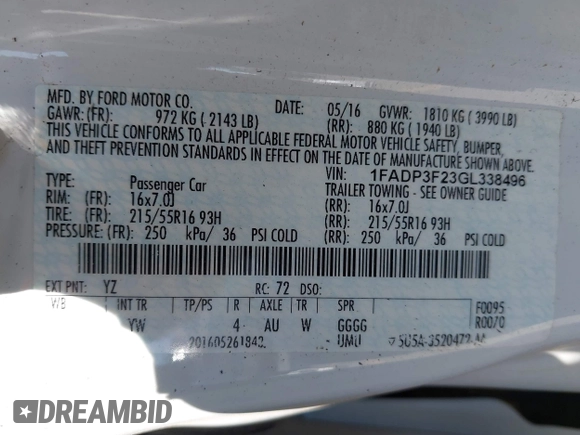 2016 Ford Focus SE z VIN 1FADP3F23GL338496, wystawiony jako IAAI lot #42333608 z przebiegiem 76 972 mil mil oraz . Historia ofert i sprzedaży dostępna na DreamBid. Obrazek 9.