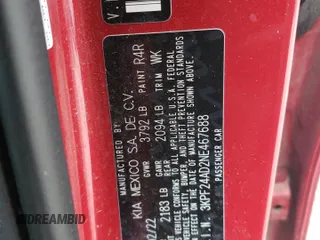 2022 Kia Forte LXS with VIN 3KPF24AD2NE467688, listed as a Copart auction lot 43212615 with 70,053 mi miles and Salvage Title. Bid and sale history available at carsss.com. Image 12.