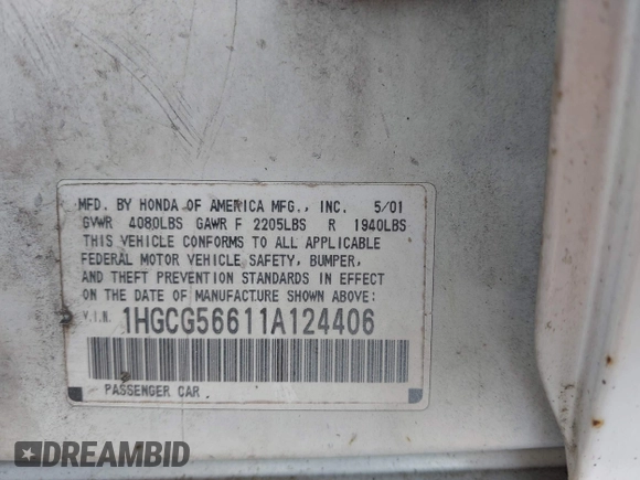 2001 Honda Accord EX z VIN 1HGCG56611A124406, wystawiony jako IAAI lot #42401266 z przebiegiem 177 917 mil mil oraz . Historia ofert i sprzedaży dostępna na DreamBid. Obrazek 9.