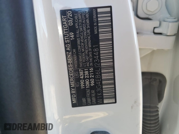 2020 Mercedes-Benz A 220 with VIN W1K3G4EB6LJ234481, listed as a Copart auction lot 80072144 with 55,648 mi miles and Salvage Title. Bid and sale history available at DreamBid. Image 12.