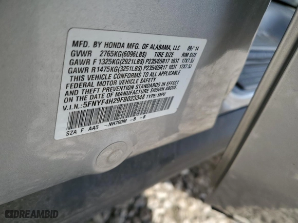 2015 Honda Pilot LX with VIN 5FNYF4H29FB023348, listed as a Copart auction lot 46155455 with 0 mi miles and Salvage Title. Bid and sale history available at carsss.com. Image 15.