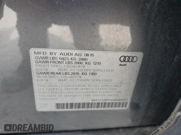 2016 Audi Q5 Premium with VIN WA1C2AFP3GA040007, listed as a Copart auction lot 59168565 with 179,719 mi miles and Salvage title. Bid and sale history available at DreamBid. Image 13.