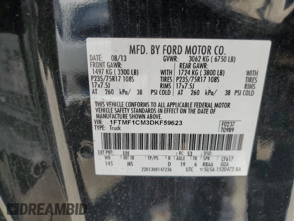 2013 Ford F-150 XL z VIN 1FTMF1CM3DKF59623, wystawiony jako Copart lot #57785795 z przebiegiem 213 868 mil mil oraz Czysty tytuł • Clean title. Historia ofert i sprzedaży dostępna na DreamBid. Obrazek 12.